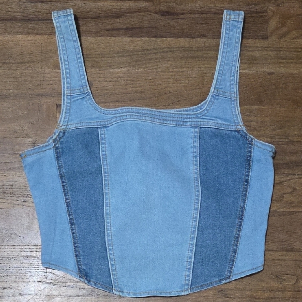 Forever 21 Two-Tone Denim Corset Tank Top - Light & Dark Blue
